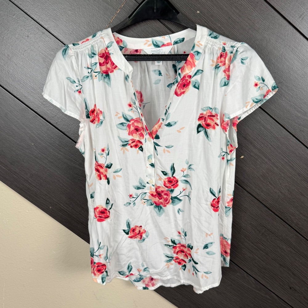 Market & Spruce Women Small Petite White Floral Henley Blouse Boho Cottagecore